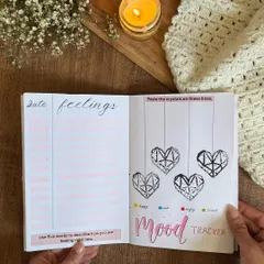 A mood tracker page from the custom journals. I included guided pages like this to help them navigate their feelings during a big life change.