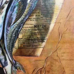 Here, the focus is on the interplay between the subject and its background. The careful rendering of the text on the newspaper and the soft shadows it casts adds a layer of realism and narrative to the entire piece.