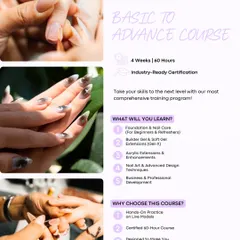 Your complete roadmap from beginner to salon-ready professional. This 60-hour certified advance nail course covers everything from foundational nail care and builder gel to acrylic extensions and business development.