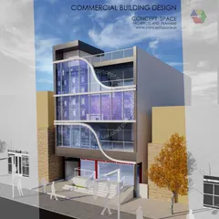 This 3D render shows another commercial building facade design. The concept features a dynamic, wave-like element on the glass exterior, adding a sense of movement and uniqueness to the structure.