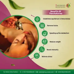 This infographic illustrates the profound benefits of Panchakarma, our primary detoxification program. The image shows Nasya therapy, one of the five core actions, which helps to remove toxins, balance doshas, improve metabolism, and significantly relieve stress.