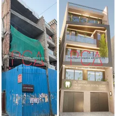 A before and after comparison for the Mukherjee Nagar luxury residence. This image shows the transformation from a raw structure to the final 3D visualization, illustrating my ability to completely reimagine a building's exterior.