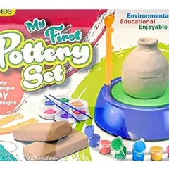 "My First Pottery Set" is a great introductory kit for kids. It includes a battery-operated pottery wheel, clay, and paints to create and decorate unique clay designs.