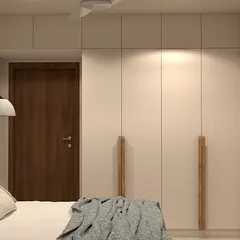 A 3D render of a master bedroom design, showcasing a clean and modern aesthetic with off-white wardrobes, a wooden bed, and statement pendant lights. Renders help clients visualize the final look and feel of their personal space.