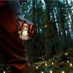 The iconic Bocci 14 series, transformed into a portable, candle-like table light. Here, it is taken into the forest, creating a magical path of light and demonstrating its go-anywhere nature.