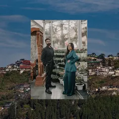 A creative collage showcasing the couple against the stunning backdrop of the Mussoorie hills. This highlights the sense of place and adventure in my destination pre-wedding photography.