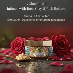 This is a glow ritual infused with Rose Clay and rich butters. My 4-in-1 face pack is your go-to for exfoliation, de-tanning, brightening, and radiance, all in one luxurious step.