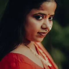 A stunning close-up portrait of Neelam. Her traditional Maharashtrian nose ring and gentle expression make this a timeless and beautiful pre-wedding photograph.