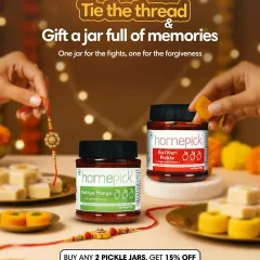 This Raksha Bandhan, tie the thread and gift a jar full of memories. Our pickles, like the sweet Methyo Mango and tangy Gol Keri, are perfect for celebrating the special bond you share.