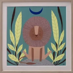A serene, meditating lion surrounded by gentle foliage under a crescent moon. This custom painting uses a calming color palette of teal, brown, and soft yellow to create a peaceful vibe.