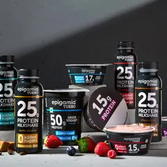 This group shot for Epigamia's Turbo protein range was designed to display the entire product line in one powerful image. The goal was to create a strong, cohesive look that communicates health and energy, using moody lighting and a concrete-textured setup.