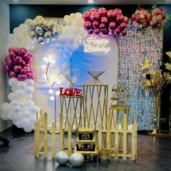 This is the same birthday setup viewed from a slightly different angle, highlighting the glow of the neon sign. The lighting can be adjusted to create the perfect mood for your private party.