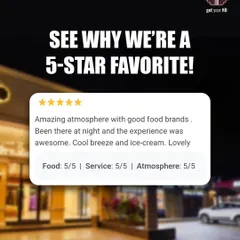 This glowing 5-star review highlights our "amazing atmosphere," especially at night, and the great experience of enjoying the cool breeze with some ice cream.
