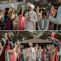 A collage showing the groom's grand entrance, surrounded by cheering family and friends, creating a tunnel of love and celebration.
