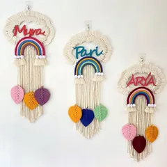 Seeing my custom name signs together makes me so happy! Each one is designed for a special little one, with unique color combinations for the names and the macrame leaves. These personalized nursery signs are my most requested item.