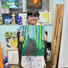 Another beautiful example of the blur technique. This young artist created a soft, misty background for her bamboo forest painting.