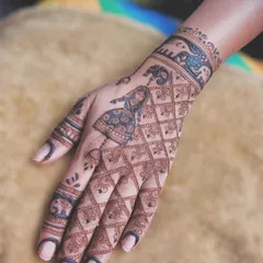 A graceful back-hand design for Gangaur, featuring a woman in traditional attire against a jaali (net) pattern. The wristband with elephant motifs adds a touch of royal elegance to the design.