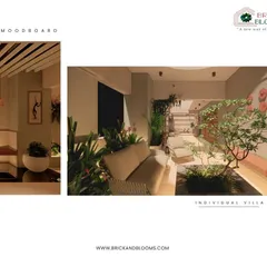 Part of a moodboard for a villa terrace, this render focuses on creating a serene indoor-outdoor connection. The design features a central tree planter, comfortable lounge seating, and subtle wall art, all working together to create a peaceful atmosphere.
