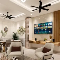 A modern living and dining space where elegance meets functionality. The design features a classic white-paneled wall, a sleek TV unit, and a distinct dining area, all tied together with contemporary furniture and lighting.