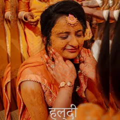 A duplicate of image 62, capturing the essence of the Haldi ceremony with a focus on the bride's blissful expression.