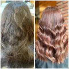 A picture is worth a thousand words, and this before and after says it all. We took dull, tired hair and revived it with a rich, glossy global hair colour and a healthy trim. The result is vibrant, shiny hair that looks and feels incredible.