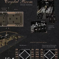 Further details of the "Crystal Room" space zoning, focusing on the buffet area, thematic partition arches with neon lighting, and customized chair covers that carry the event's motif.