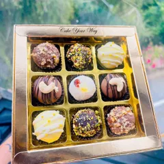 Take a closer look at my assorted handcrafted truffles. This box features a variety of flavors, from rich chocolate and nutty pistachio to zesty lemon, each one made with premium ingredients. They are a luxurious treat for any occasion.