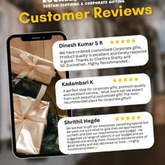 A collection of five-star reviews from satisfied customers. Clients like Dinesh, Kadambari, and Shrithil highlight our excellent product quality, premium service, and on-time delivery for corporate gifts.