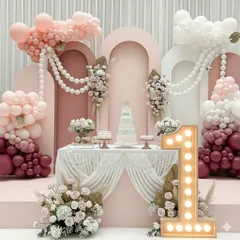 This is a full view of the pastel and pearl stage setup, featuring a tiered cake on a draped table. The scene is framed by balloon clouds, pearl garlands, and a large, illuminated number '1', making it a perfect backdrop for a first birthday cake-cutting ceremony.