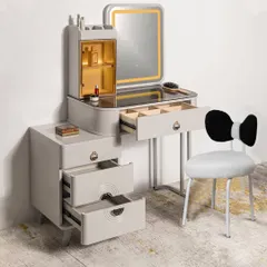 The Golden Glamour Vanity is expertly crafted from high-quality wood with a luxurious creamy finish and tasteful golden trim. This image shows the drawers open, revealing the organized and spacious storage designed for all your beauty products.