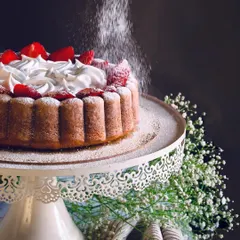 I believe dessert making is an art form. This image captures the final touch on a fresh strawberry cake, dusting it with powdered sugar to create a simple yet elegant finish. It’s a perfect example of how I turn fresh, seasonal ingredients into a beautiful dessert.