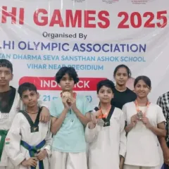 A group photo of our team at the Delhi Games 2025. The smiles and medals showcase the spirit and success of Team Prahar.
