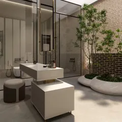 We believe bathrooms should be personal sanctuaries. This design incorporates an indoor courtyard with a live tree, separated by a glass wall, bringing a sense of calm and nature into the room. The floating vanity and minimalist fixtures create a spa-like experience, showcasing our approach to luxury bathroom design.
