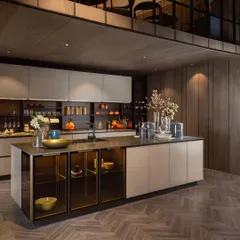 Our kitchen islands are designed to be practical, functional, and beautiful. This model features an inbuilt crockery unit with tinted glass doors, adding valuable and accessible storage to the center of the kitchen.