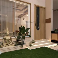Here is our proposed design for the villa's entrance, transforming the raw patch of grass. We introduced a serene Buddha statue, layered planters, and illuminated steps to create a tranquil and welcoming entryway.