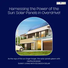An illustration of a modern home harnessing the power of the sun with our rooftop solar panels, with an electric car parked outside. We design systems that not only function efficiently but also complement the architecture of your home.