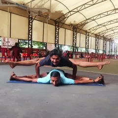 Performing Koundinyasana with a partner. This advanced arm balance builds incredible core and upper body strength, and practicing with a partner fosters trust and teamwork.