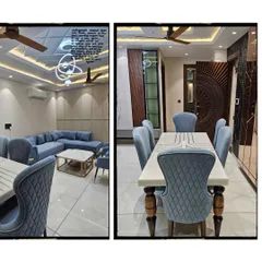 This collage displays the dining area with its marble-top table and quilted chairs, alongside the intricately carved wooden main door that adds a touch of traditional craftsmanship to the modern home.