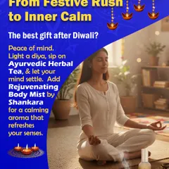 The best gift after Diwali is peace of mind. This calming image suggests a post-festive ritual: light a diya, sip on Ayurvedic Herbal Tea, and use Shankara's Rejuvenating Body Mist for a calming aroma that refreshes your senses.