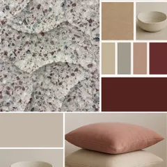 This terrazzo mood board shows a perfect blend of natural stone fragments and timeless charm. The color palette of beige, grey, and deep reds brings warmth, texture, and sophistication to any space.