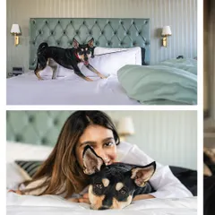 A collage of Luna's at-home session, capturing her playful side on the bed and a quiet, loving moment with her mom.