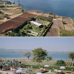 An aerial view of a stunning lakeside venue at Sula Vineyards. Drone photography allows me to capture your wedding setting in a way that ground-level shots simply cannot.