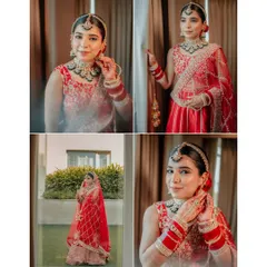 A four-panel collage of the bride, Neha, capturing her from various angles. It highlights her stunning jewelry, her radiant smile, and her complete bridal look.