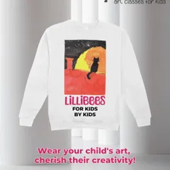 For a warmer option, I can print any design on a comfortable white sweatshirt. This one features a charming drawing of a cat against a moonlit sky, a perfect example of a child's imagination brought to life.