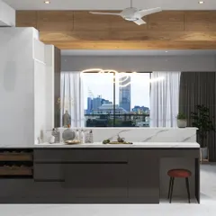 This open-plan kitchen features a large island that doubles as a workspace and a casual dining area, overlooking a beautiful city view. The design showcases how an island can become the central hub of the home.