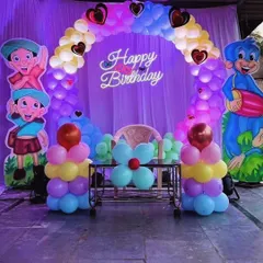 Bringing the world of Chhota Bheem to life for a super fun kids' birthday party. This decoration includes large, colorful cutouts of the characters, a vibrant balloon arch with built-in lights, and a bright neon 'Happy Birthday' sign. I love creating these custom cartoon themes that get everyone excited.
