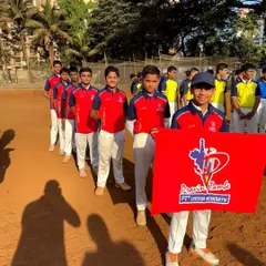 The U-14 Red Team stands in formation, holding their team flag with pride. This builds a sense of unity and team spirit before they take the field.