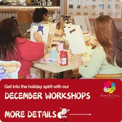 Our December workshops get everyone into the holiday spirit. This poster announces our lineup of festive-themed art sessions for the Christmas season.