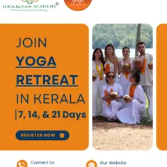 This poster for our Yoga Retreat in Kerala shows a group of students in traditional white attire by the lake, holding coconuts. It captures the cultural and natural elements of our retreats.