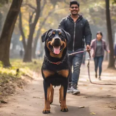 This handsome Rottweiler is enjoying his leashed walk with one of our handlers, getting to explore all the interesting smells along the path.
